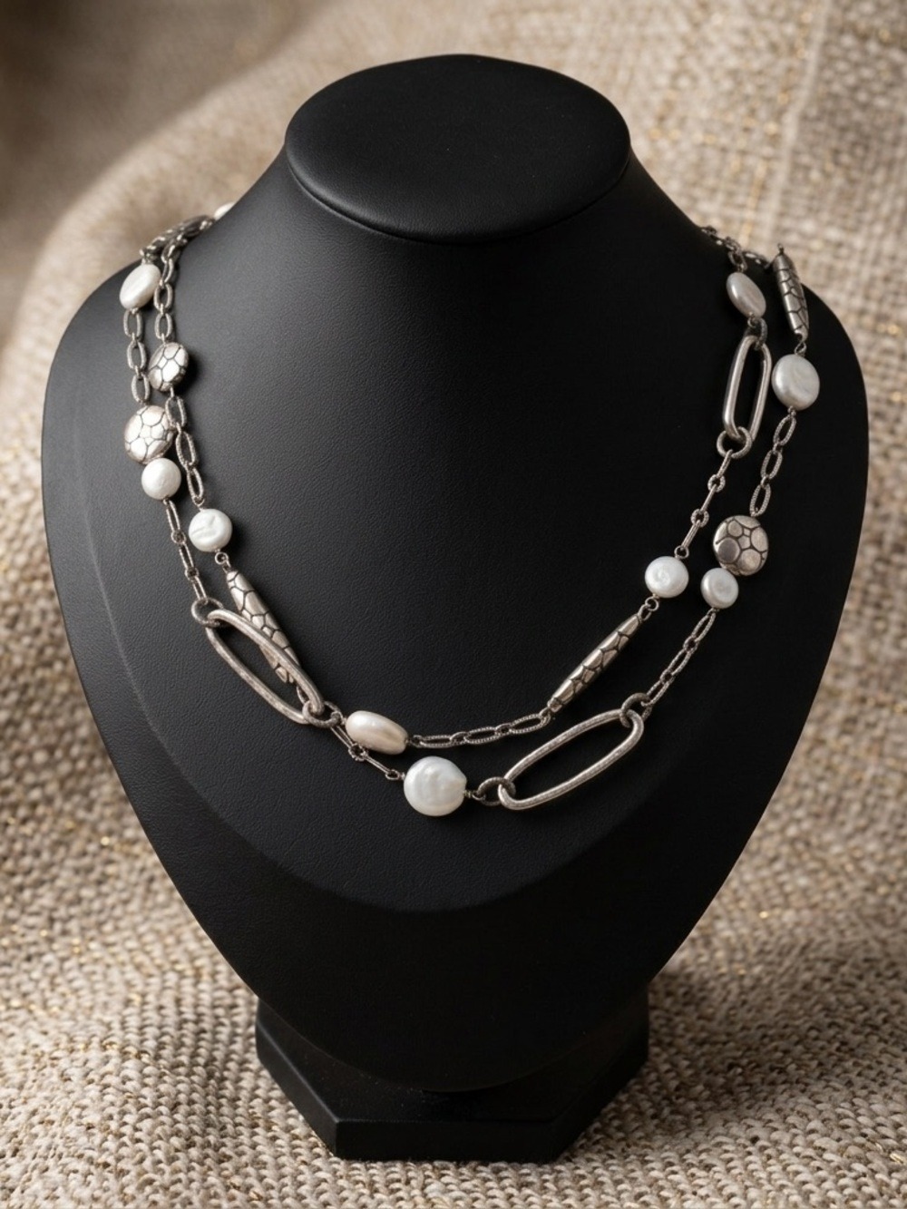 Brighton PEBBLE PEARL Silver Oval Barrel Links Long Necklace, NWOT 2496